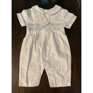 Baby Boys 6-9 Months White Seersucker Romper Peter Pan Collar Light Blue Accents